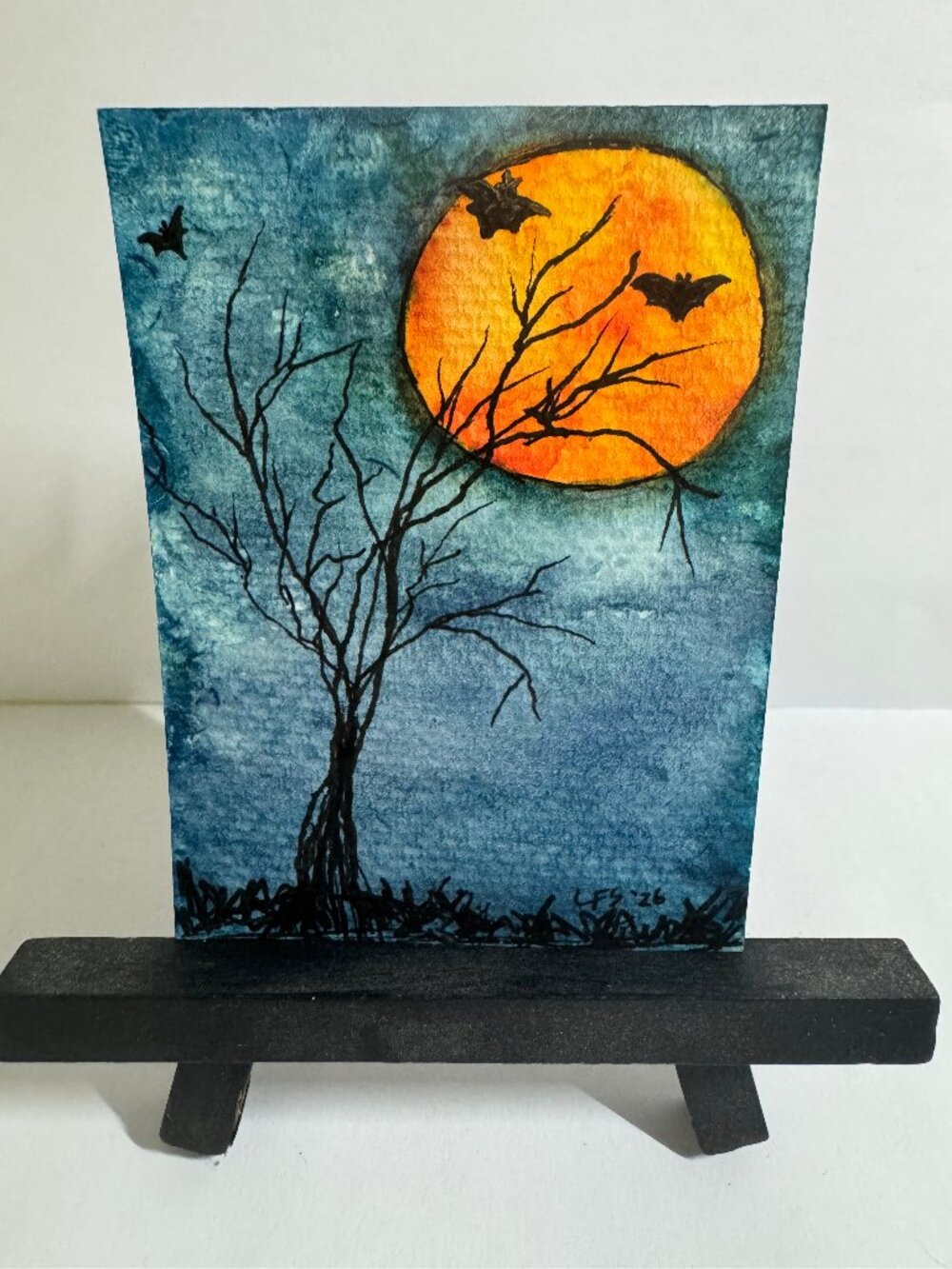 ACEO Watercolor & Ink Painting "Moonlit Flight" Halloween Spooky Original Signed
